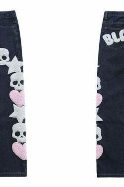 Y2K Aesthetic Black Air Skull and Star Applique Jeans - Coquette Grunge Fashion for Women
