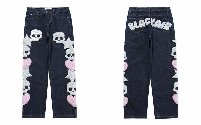 Y2K Aesthetic Black Air Skull and Star Applique Jeans - Coquette Grunge Fashion for Women