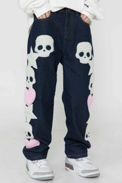 Y2K Aesthetic Black Air Skull and Star Applique Jeans - Coquette Grunge Fashion for Women