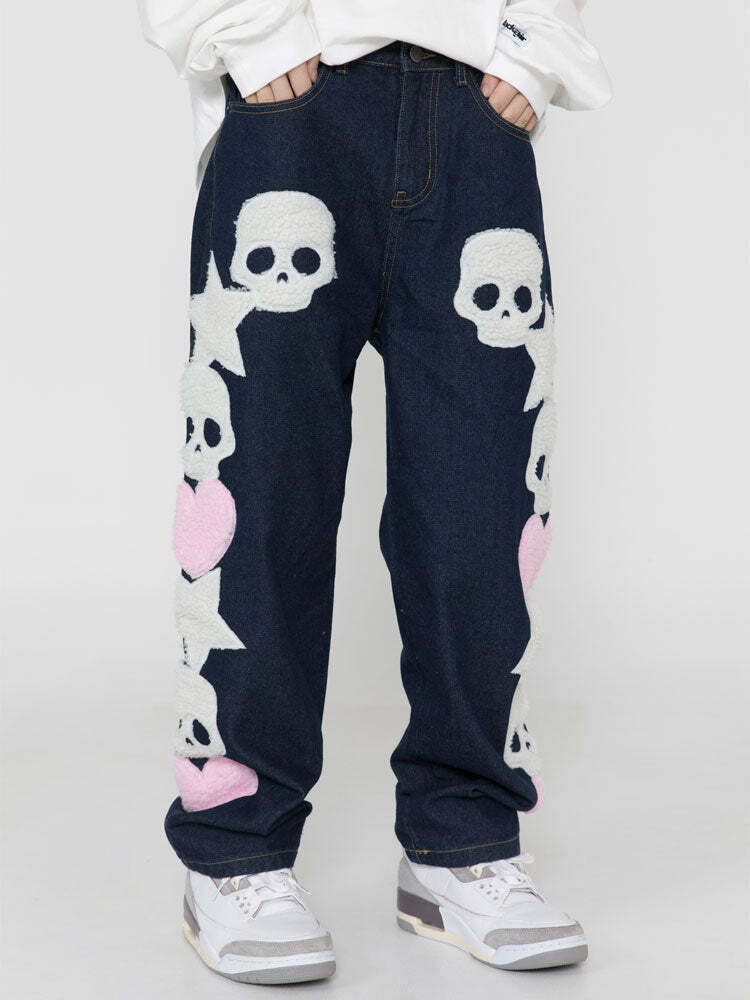 Y2K Aesthetic Black Air Skull and Star Applique Jeans - Coquette Grunge Fashion for Women