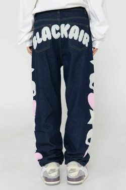 Y2K Aesthetic Black Air Skull and Star Applique Jeans - Coquette Grunge Fashion for Women