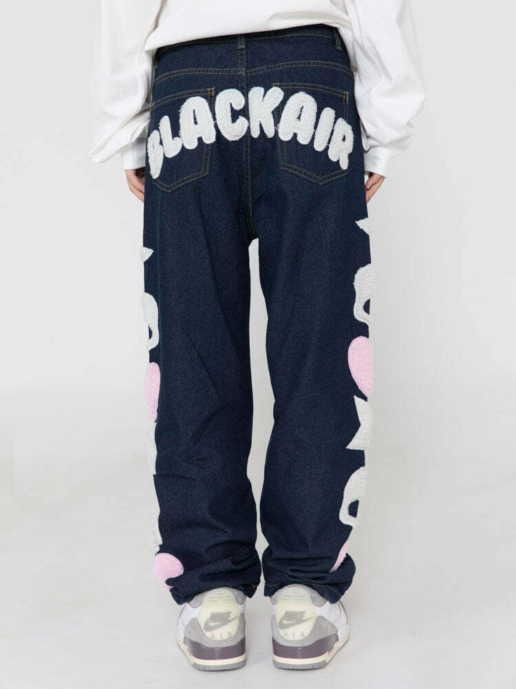 Y2K Aesthetic Black Air Skull and Star Applique Jeans - Coquette Grunge Fashion for Women