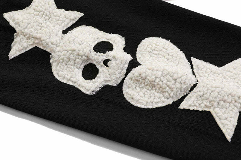 Y2K Aesthetic Black Air Skull and Star Applique Jeans - Coquette Grunge Fashion for Women