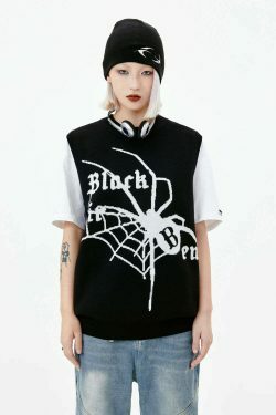 Y2K Aesthetic Black Air Spider Jacquard Sweater Vest - Coquette Style Grunge Fashion