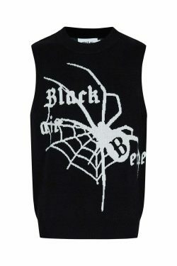 Y2K Aesthetic Black Air Spider Jacquard Sweater Vest - Coquette Style Grunge Fashion