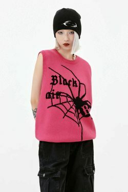 Y2K Aesthetic Black Air Spider Jacquard Sweater Vest - Coquette Style Grunge Fashion