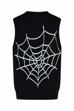 Y2K Aesthetic Black Air Spider Jacquard Sweater Vest - Coquette Style Grunge Fashion