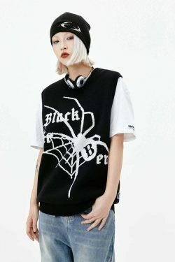 Y2K Aesthetic Black Air Spider Jacquard Sweater Vest - Coquette Style Grunge Fashion