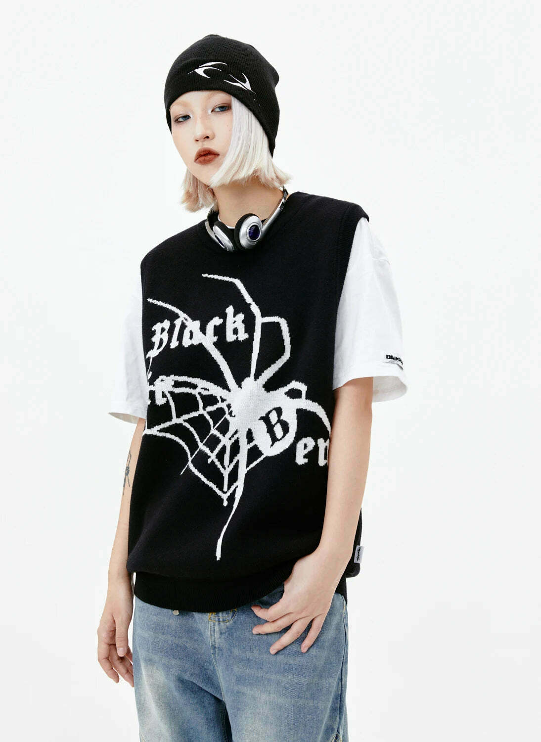 Y2K Aesthetic Black Air Spider Jacquard Sweater Vest - Coquette Style Grunge Fashion