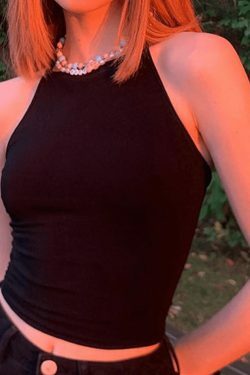 Y2K Aesthetic Black Backless Lace-Up Halter Vest for Niche Women Fashion