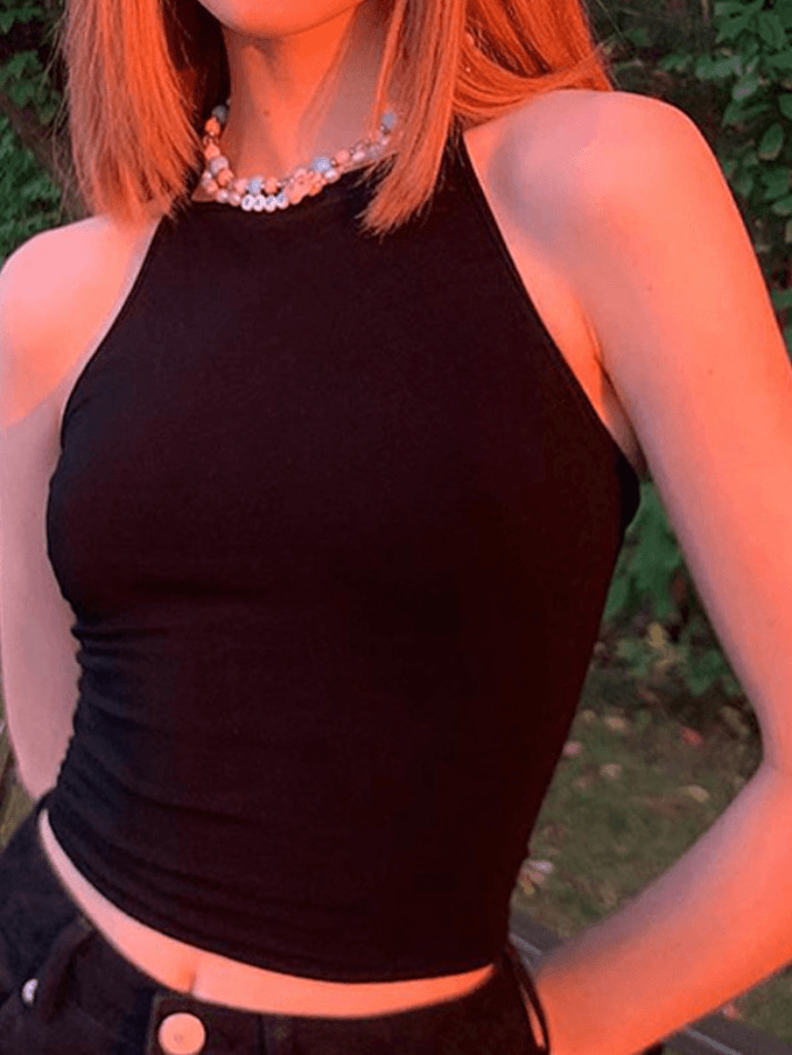 Y2K Aesthetic Black Backless Lace-Up Halter Vest for Niche Women Fashion Y2K Aesthetic Black Backless Lace-Up Halter Vest for Niche Women Fashion