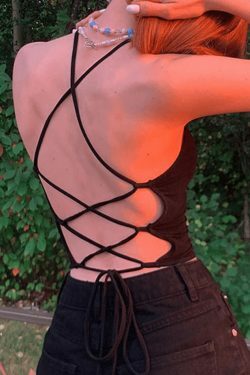 Y2K Aesthetic Black Backless Lace-Up Halter Vest for Niche Women Fashion