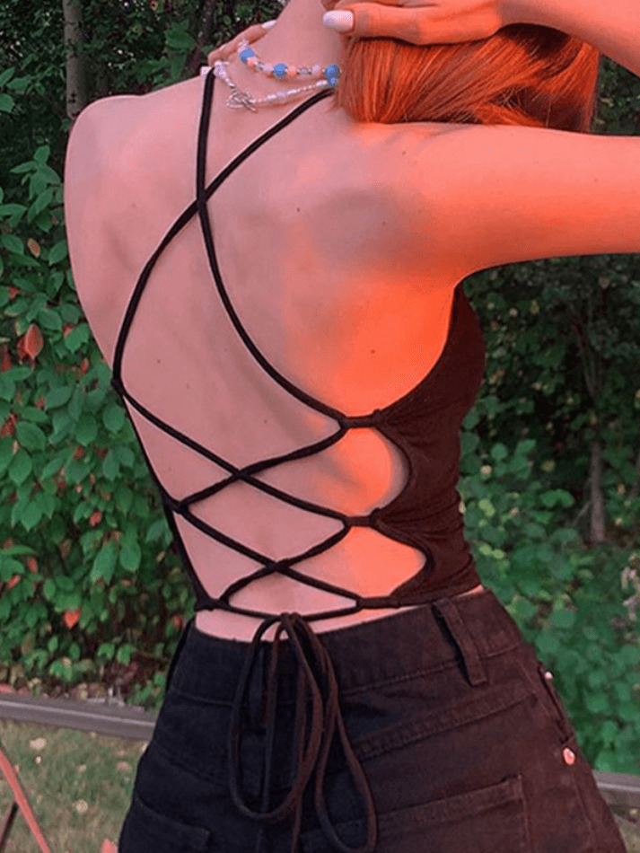 Y2K Aesthetic Black Backless Lace-Up Halter Vest for Niche Women Fashion Y2K Aesthetic Black Backless Lace-Up Halter Vest for Niche Women Fashion
