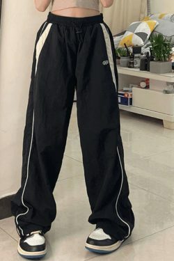 Y2K Aesthetic Black Baggy Sweatpants with Contrast Piping