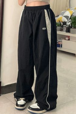 Y2K Aesthetic Black Baggy Sweatpants with Contrast Piping