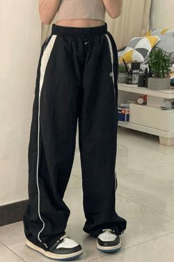 Y2K Aesthetic Black Baggy Sweatpants with Contrast Piping