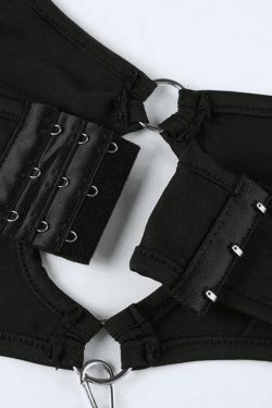 Y2K Aesthetic Black Cami Bodysuit with O-Ring Cutout - Coquette Style Grunge Fashion