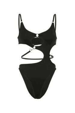 Y2K Aesthetic Black Cami Bodysuit with O-Ring Cutout - Coquette Style Grunge Fashion