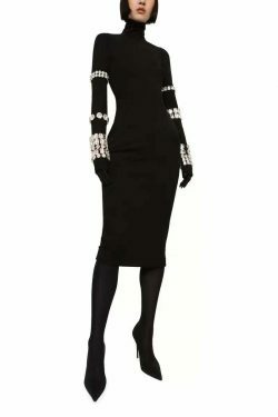Y2K Aesthetic Black Diamond High Collar Long Sleeve Tight Dress