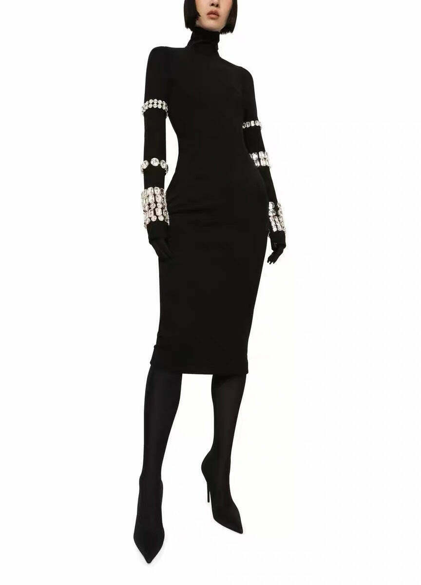 Y2K Aesthetic Black Diamond High Collar Long Sleeve Tight Dress Y2K Aesthetic Black Diamond High Collar Long Sleeve Tight Dress