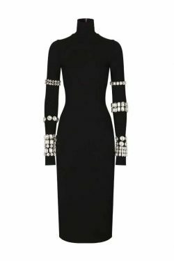 Y2K Aesthetic Black Diamond High Collar Long Sleeve Tight Dress