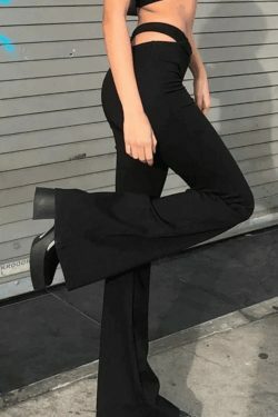Y2K Aesthetic Black Flare Leg Pants with Cutout Detail