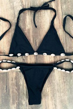 Y2K Aesthetic Black Halter Bikini Set with Shell Detail