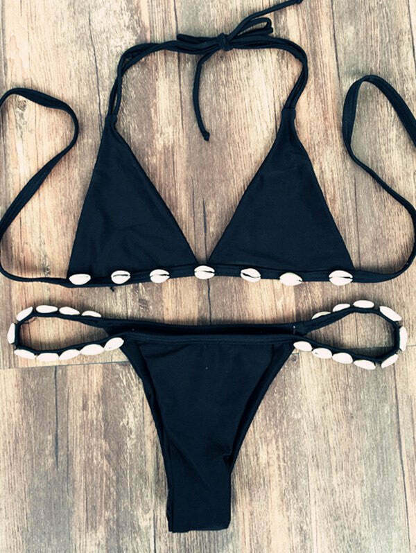 Y2K Aesthetic Black Halter Bikini Set with Shell Detail Y2K Aesthetic Black Halter Bikini Set with Shell Detail
