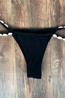 Y2K Aesthetic Black Halter Bikini Set with Shell Detail