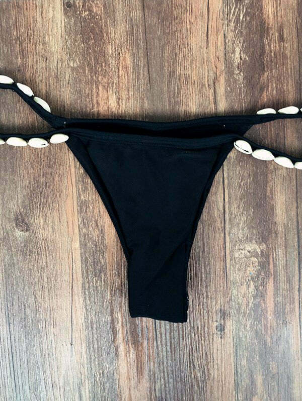 Y2K Aesthetic Black Halter Bikini Set with Shell Detail Y2K Aesthetic Black Halter Bikini Set with Shell Detail