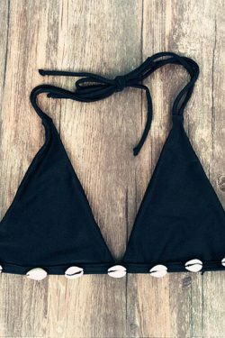 Y2K Aesthetic Black Halter Bikini Set with Shell Detail
