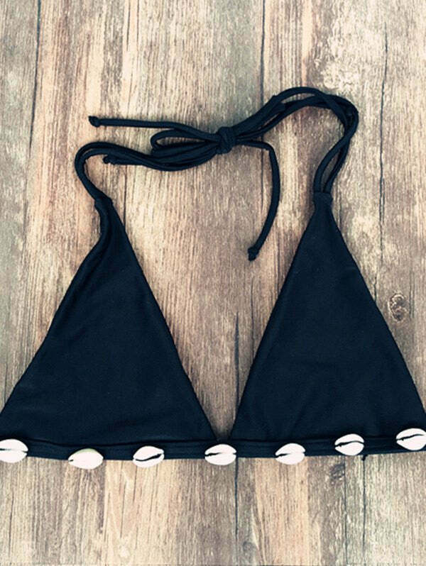 Y2K Aesthetic Black Halter Bikini Set with Shell Detail Y2K Aesthetic Black Halter Bikini Set with Shell Detail