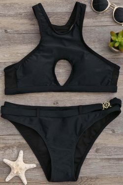 Y2K Aesthetic Black High Leg Halter Bikini Set - Retro Coquette Style Swimsuit for Women