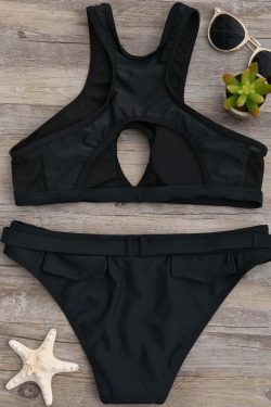 Y2K Aesthetic Black High Leg Halter Bikini Set - Retro Coquette Style Swimsuit for Women