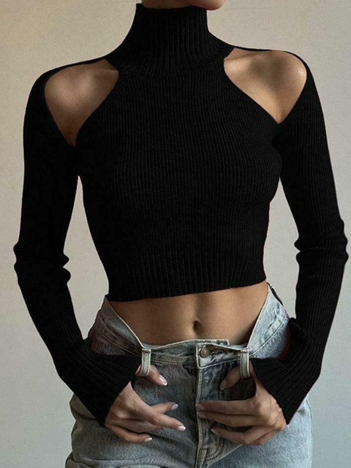 Y2K Aesthetic Black Knit Crop Top with Cold Shoulder - Coquette Style for Women's Fashion Y2K Aesthetic Black Knit Crop Top with Cold Shoulder - Coquette Style for Women's Fashion