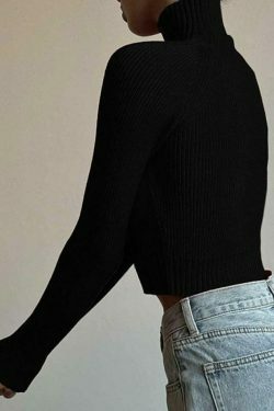 Y2K Aesthetic Black Knit Crop Top with Cold Shoulder - Coquette Style for Women's Fashion