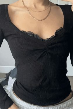 Y2K Aesthetic Black Lace Trim Long Sleeve Knit Top - Coquette & Grunge Style Women's Fashion