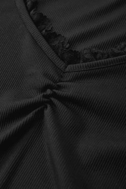 Y2K Aesthetic Black Lace Trim Long Sleeve Knit Top - Coquette & Grunge Style Women's Fashion