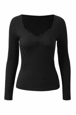 Y2K Aesthetic Black Lace Trim Long Sleeve Knit Top - Coquette & Grunge Style Women's Fashion