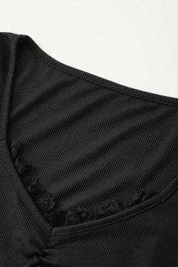 Y2K Aesthetic Black Lace Trim Long Sleeve Knit Top - Coquette & Grunge Style Women's Fashion