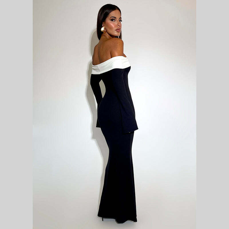 Y2K Aesthetic Black Maxi Dress: Coquette Style Strapless Long-Sleeved Outfit for Women Y2K Aesthetic Black Maxi Dress: Coquette Style Strapless Long-Sleeved Outfit for Women