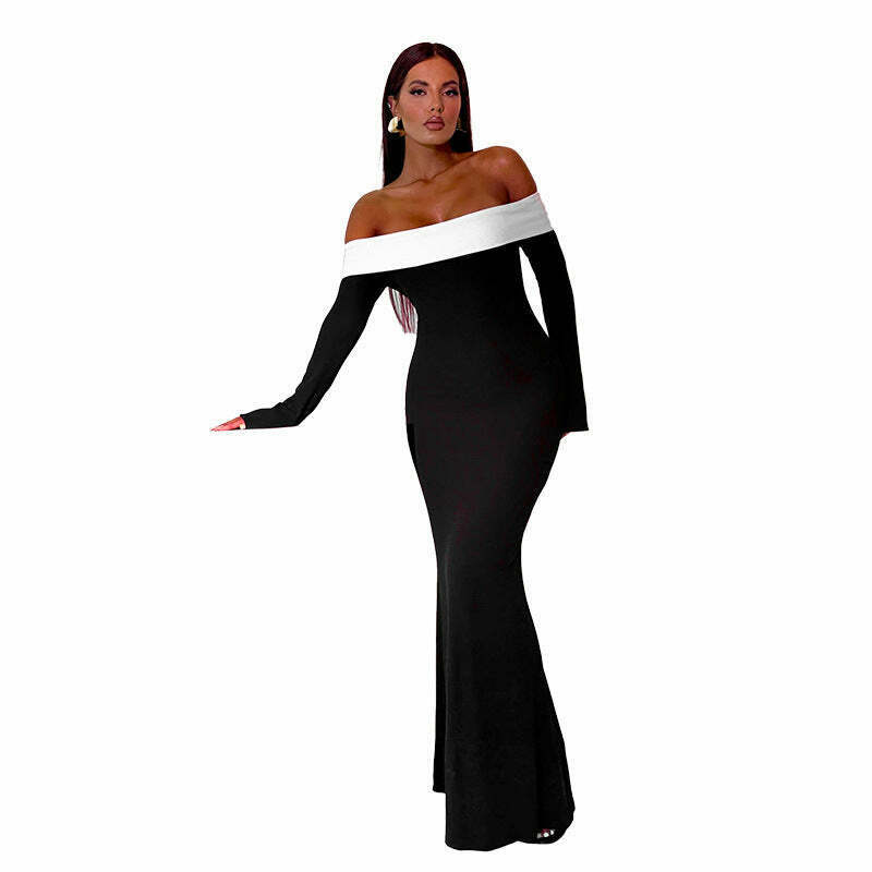 Y2K Aesthetic Black Maxi Dress: Coquette Style Strapless Long-Sleeved Outfit for Women Y2K Aesthetic Black Maxi Dress: Coquette Style Strapless Long-Sleeved Outfit for Women