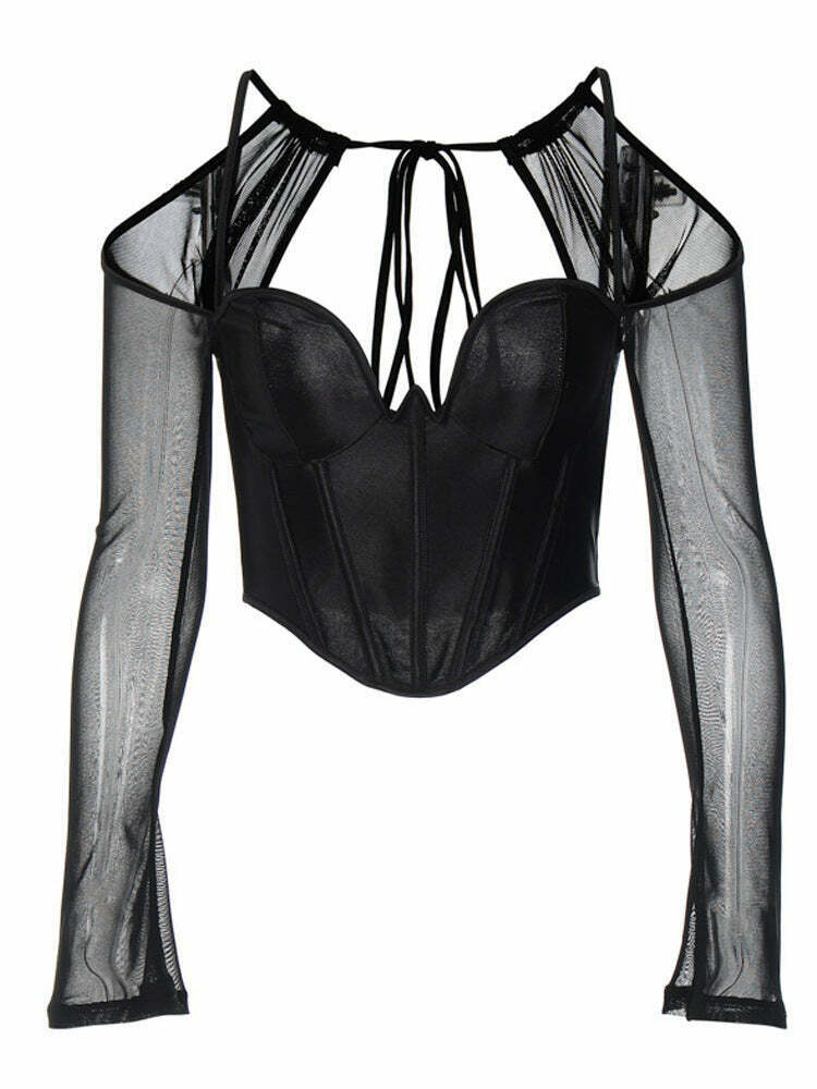 Y2K Aesthetic Black Mesh Backless Halter Neck Top - Coquette Style Grunge Fashion for Women Y2K Aesthetic Black Mesh Backless Halter Neck Top - Coquette Style Grunge Fashion for Women