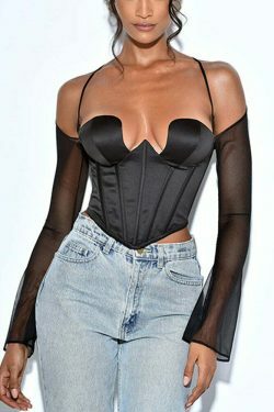 Y2K Aesthetic Black Mesh Backless Halter Neck Top - Coquette Style Grunge Fashion for Women