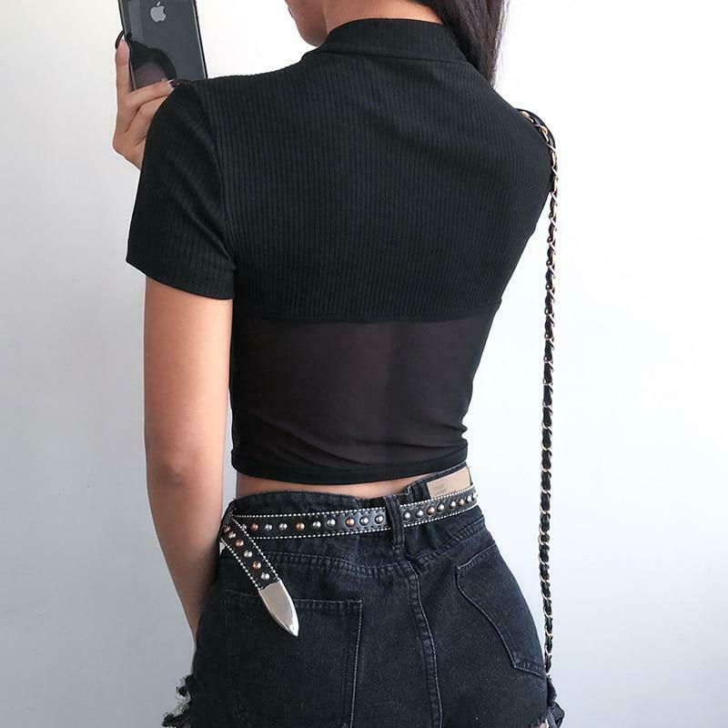 Y2K Aesthetic Black Mesh Crop Tops - Coquette Grunge Fashion with Pastel Goth Touch Y2K Aesthetic Black Mesh Crop Tops - Coquette Grunge Fashion with Pastel Goth Touch