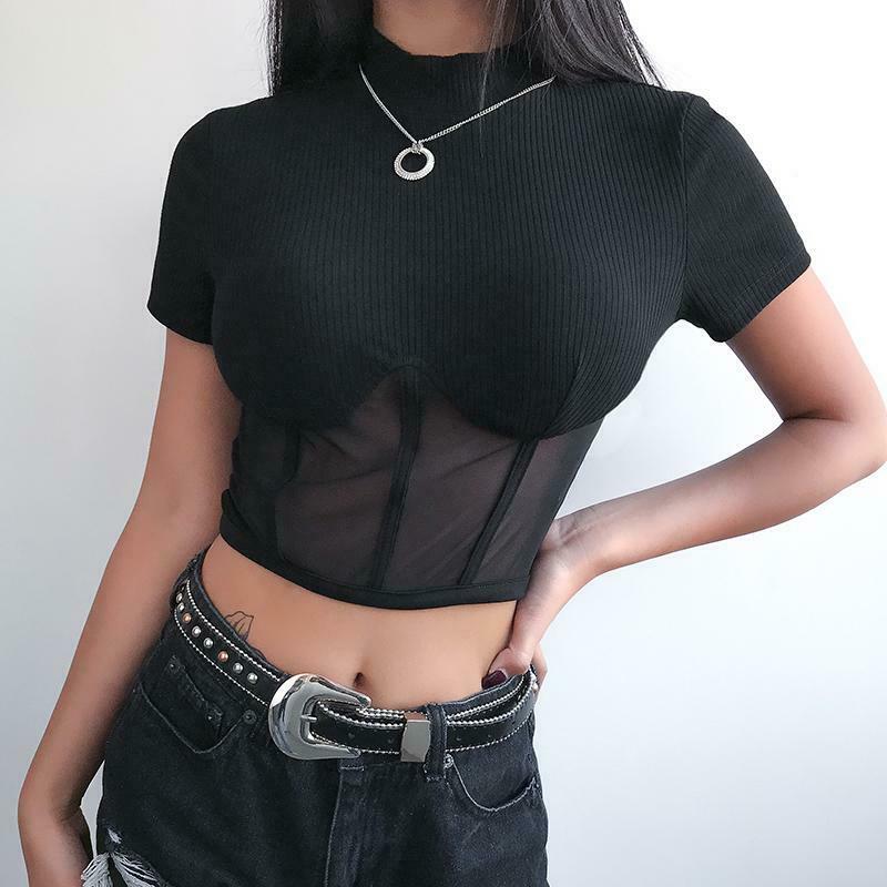 Y2K Aesthetic Black Mesh Crop Tops - Coquette Grunge Fashion with Pastel Goth Touch Y2K Aesthetic Black Mesh Crop Tops - Coquette Grunge Fashion with Pastel Goth Touch