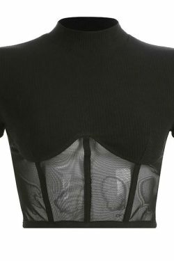Y2K Aesthetic Black Mesh Crop Tops - Coquette Grunge Fashion with Pastel Goth Touch