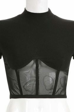 Y2K Aesthetic Black Mesh Crop Tops - Coquette Grunge Fashion with Pastel Goth Touch