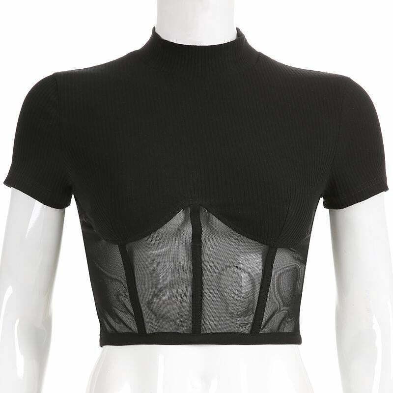 Y2K Aesthetic Black Mesh Crop Tops - Coquette Grunge Fashion with Pastel Goth Touch Y2K Aesthetic Black Mesh Crop Tops - Coquette Grunge Fashion with Pastel Goth Touch
