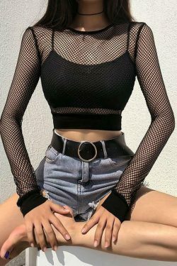 Y2K Aesthetic Black Mesh Long Sleeve Top - Coquette Style Grunge Fashion for Women